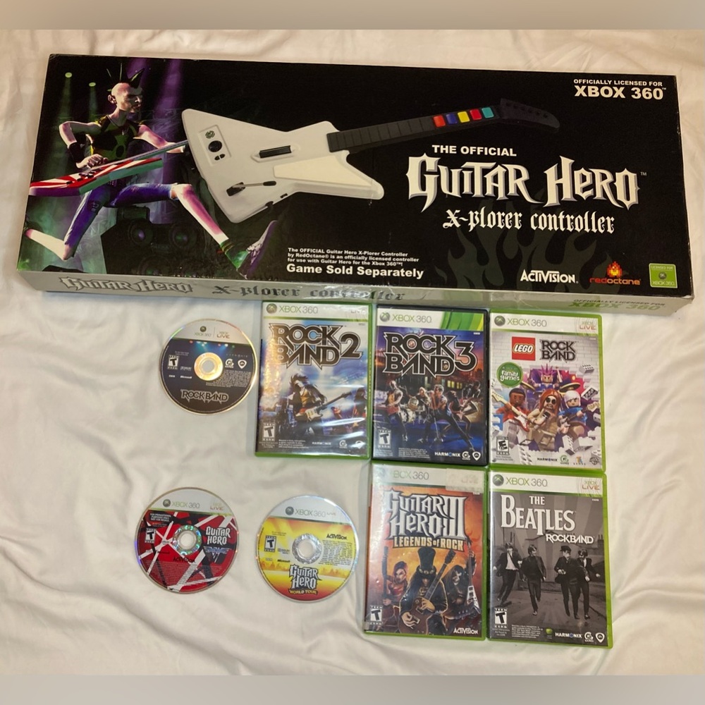 Guitar Hero Xbox 360 X-Plorer Wired Controller 95065 RedOctane + 8 games